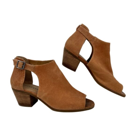 Lucky Brand Tan Leather Cut Out Peep Toe Ankle Booties | Size 9 - Picture 1 of 9